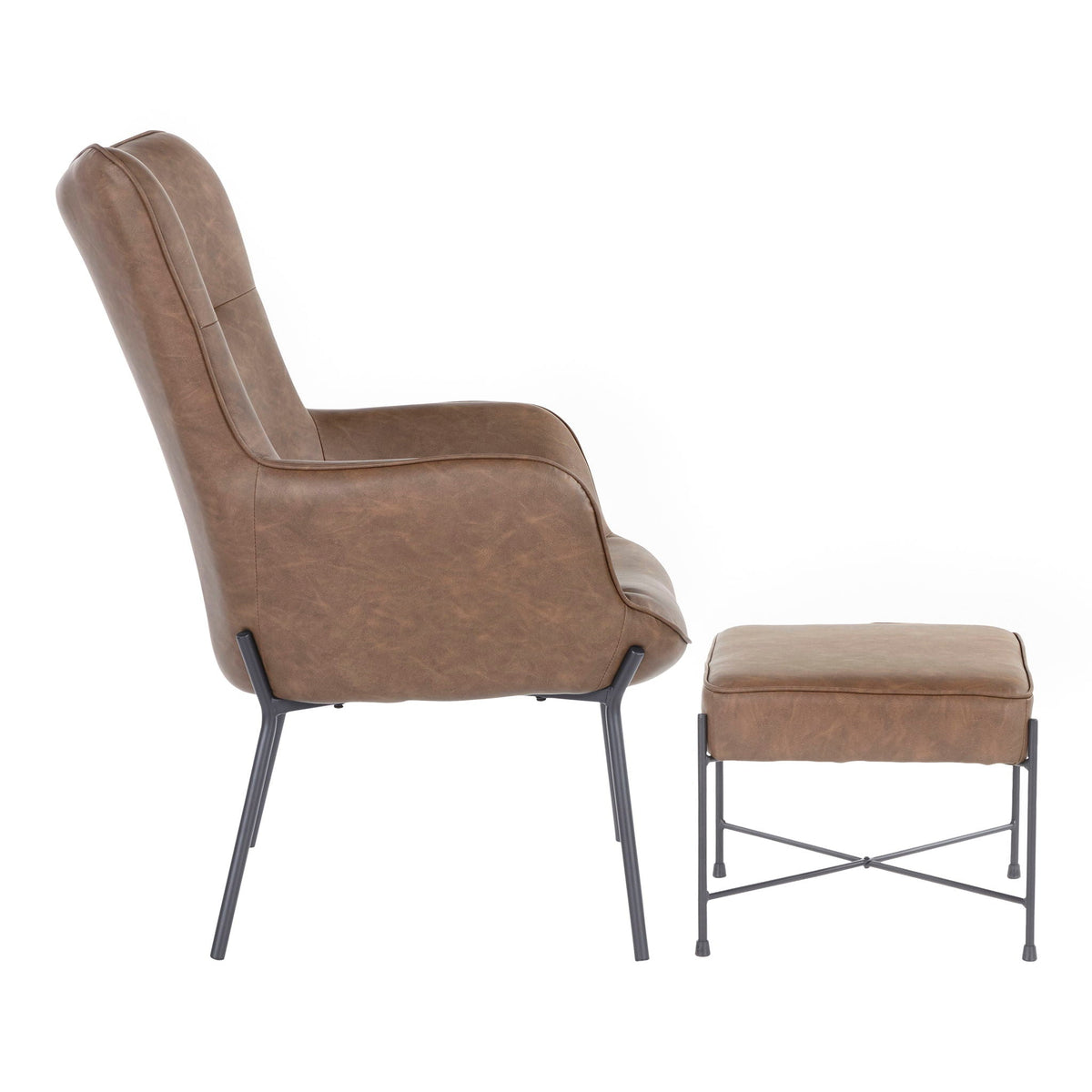 Industrial Lounge Chair & Ottoman Set with Metal Legs - Dark or Light Brown