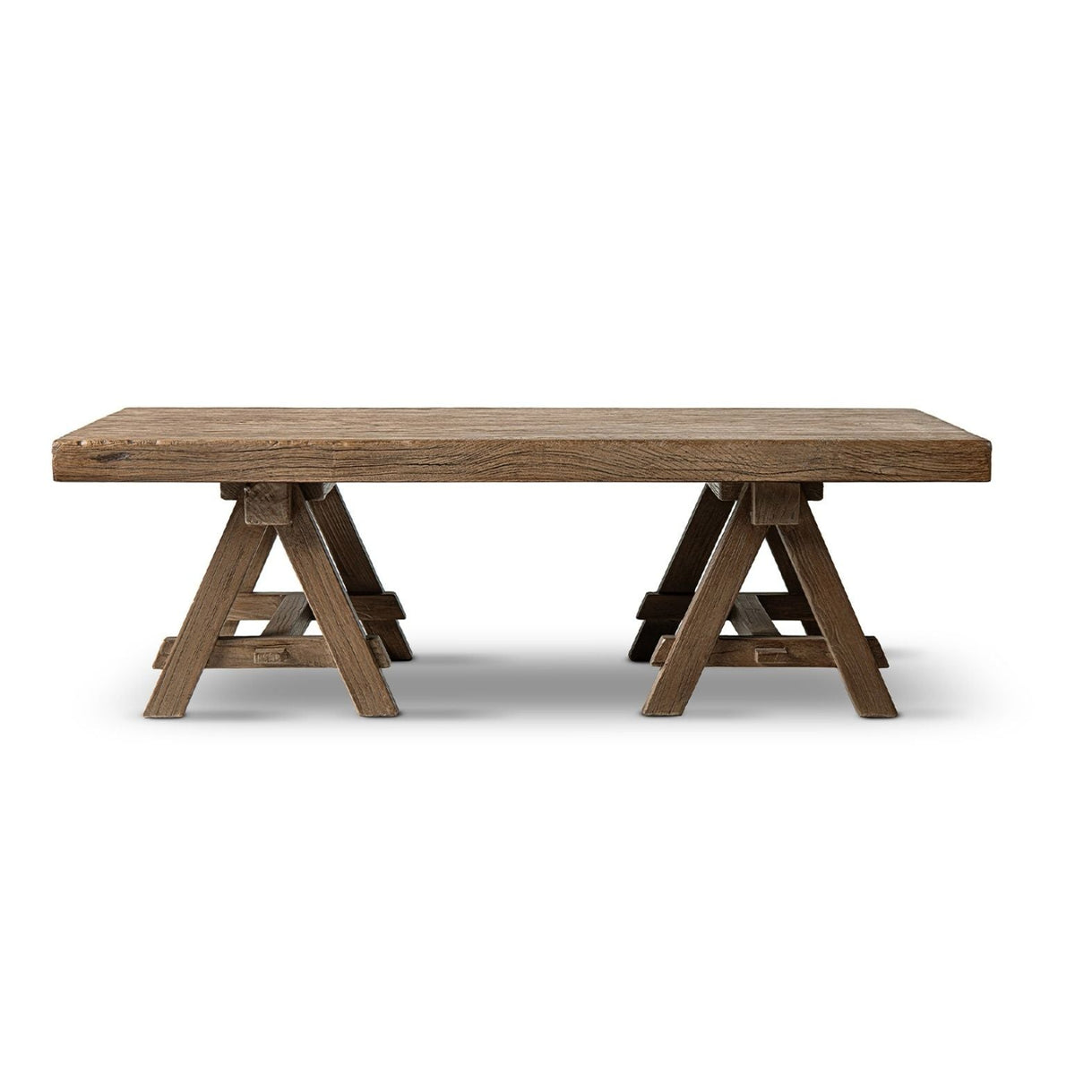 Trestle Coffee Table with Solid Reclaimed Elm Construction - Dark or Light Brown