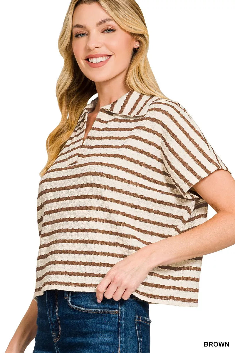 Zenana Striped Split Neck Collared Top