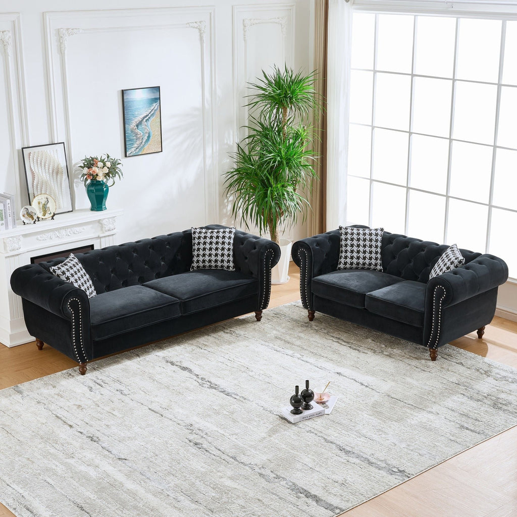 Chesterfield 3 And 2 Seater Upholstery Sofa with Roll Armrest & Nailhead Fabric Couch - Black