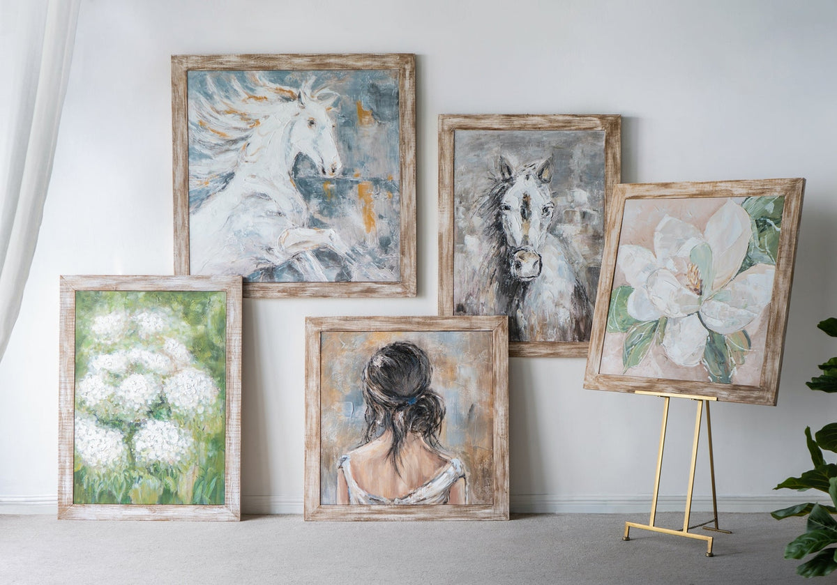 Hand-Painted White Horse Wall Art with Rustic Fir Frame - Multicolor