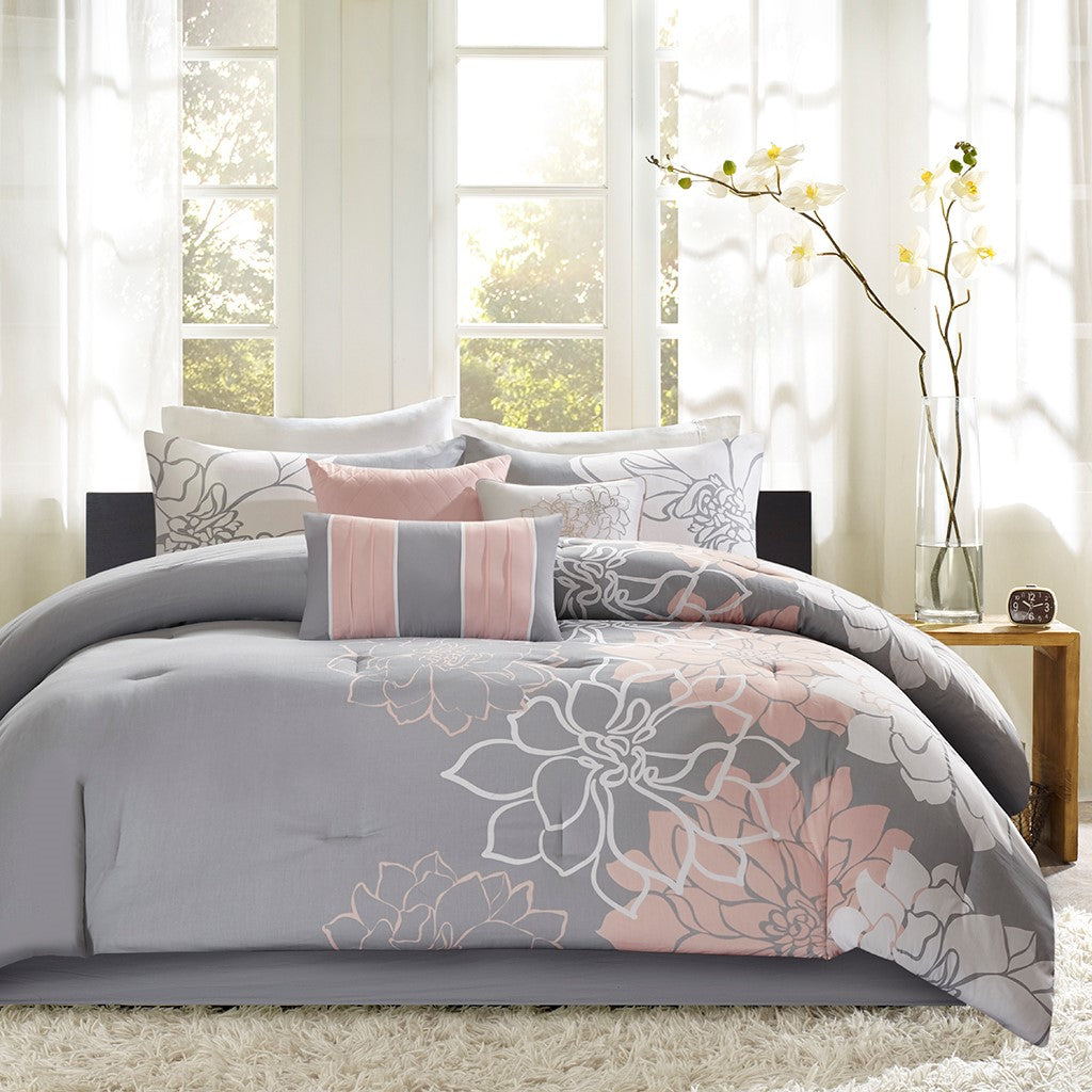 Printed Cotton Sateen Comforter Set - Grey/Peach - Cal King