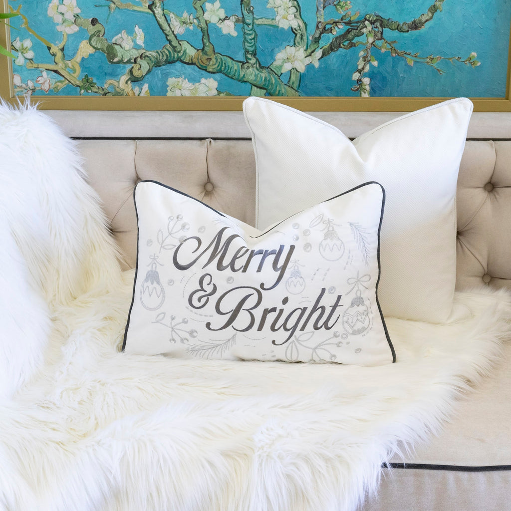Merry & Bright Christmas Throw Pillow with Silver Embroidery - White+Silver