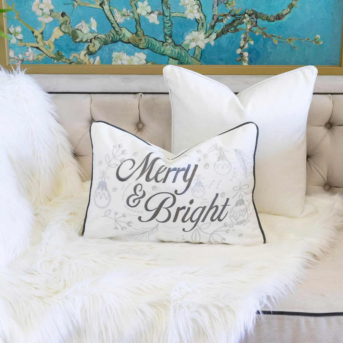 Merry & Bright Christmas Throw Pillow with Silver Embroidery - White+Silver