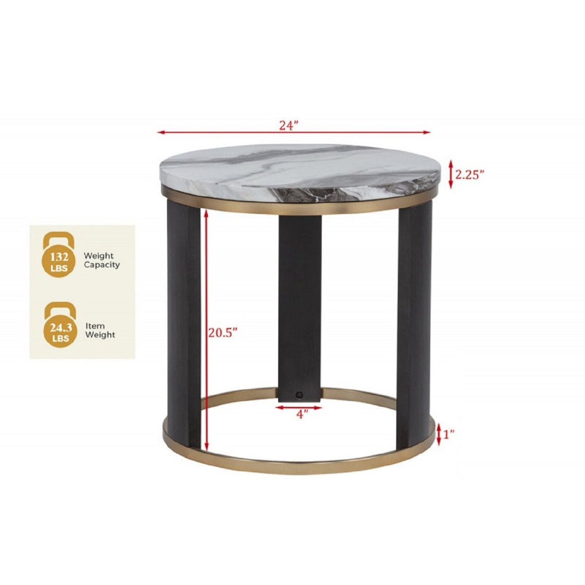 Round End Table with Faux Marble Top - Gold / Brown