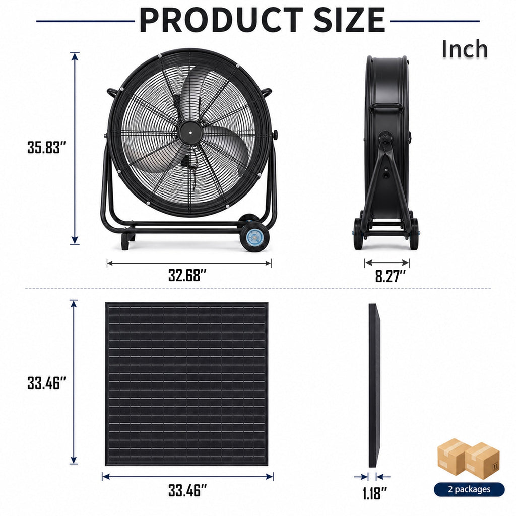 30" Wheeled Solar Fan with 140W Adjustable Monocrystalline Solar Panel