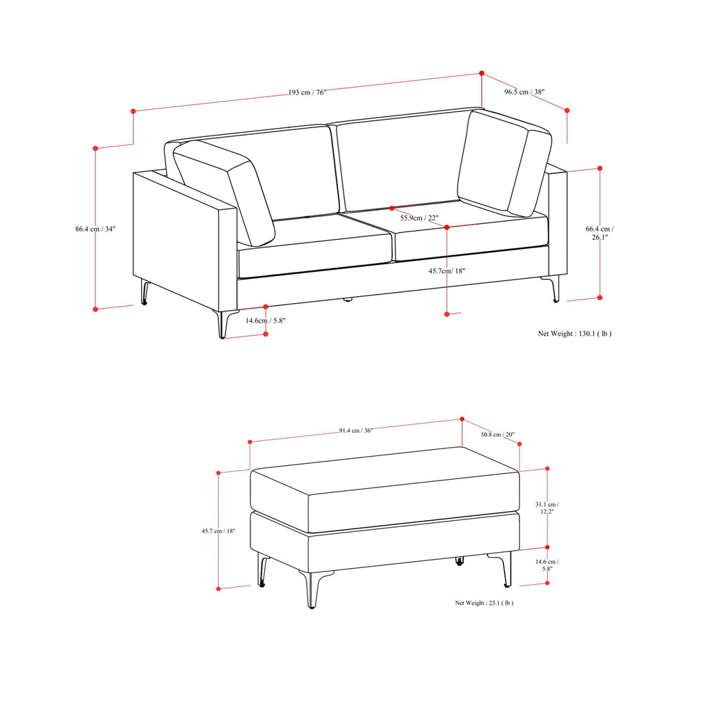 Mid Century Sofa With Ottoman Set in Performance Fabric - Dark Gray or Beige
