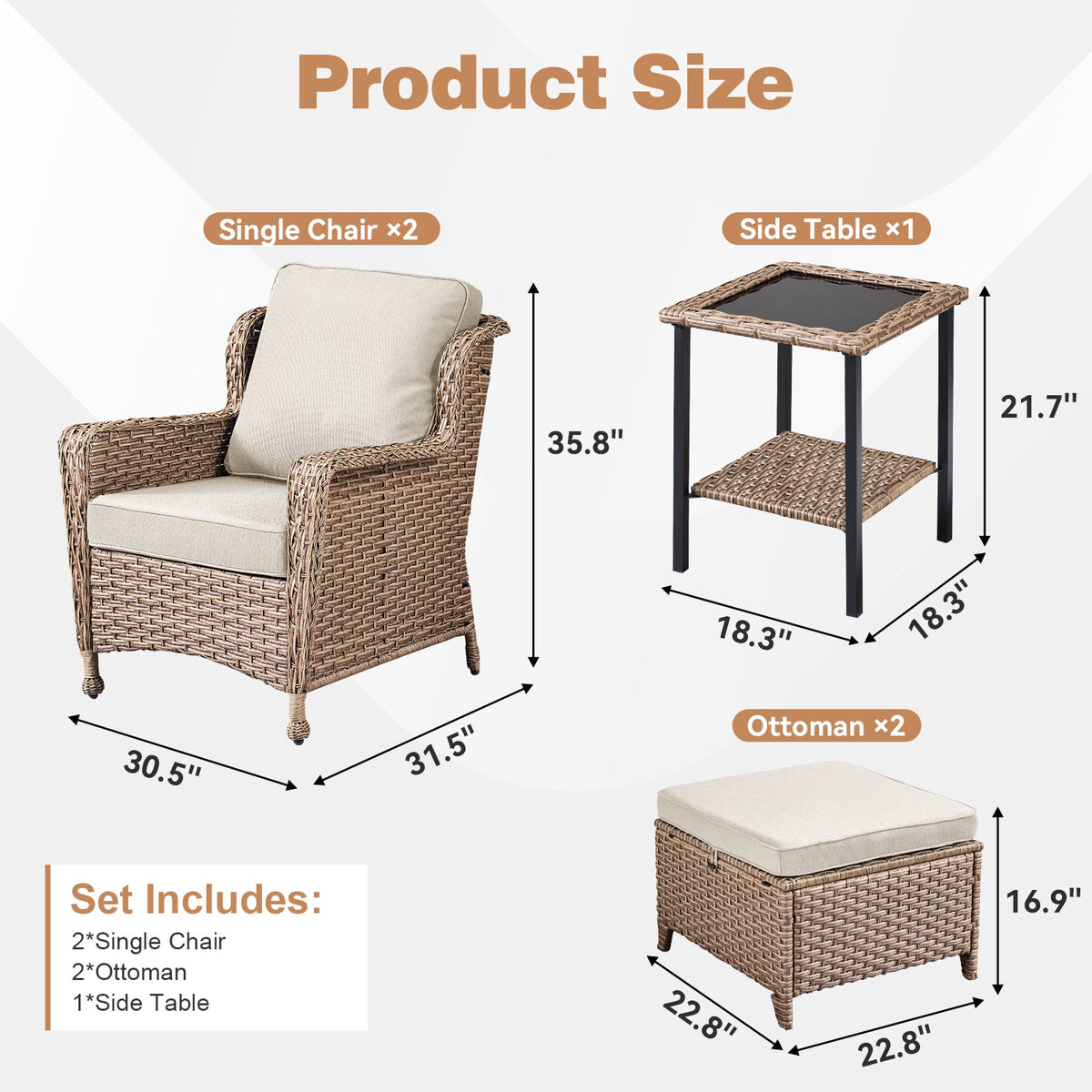 5-Piece Outdoor Lounge Chairs Set with Cushions and Side Table - Beige or Blue