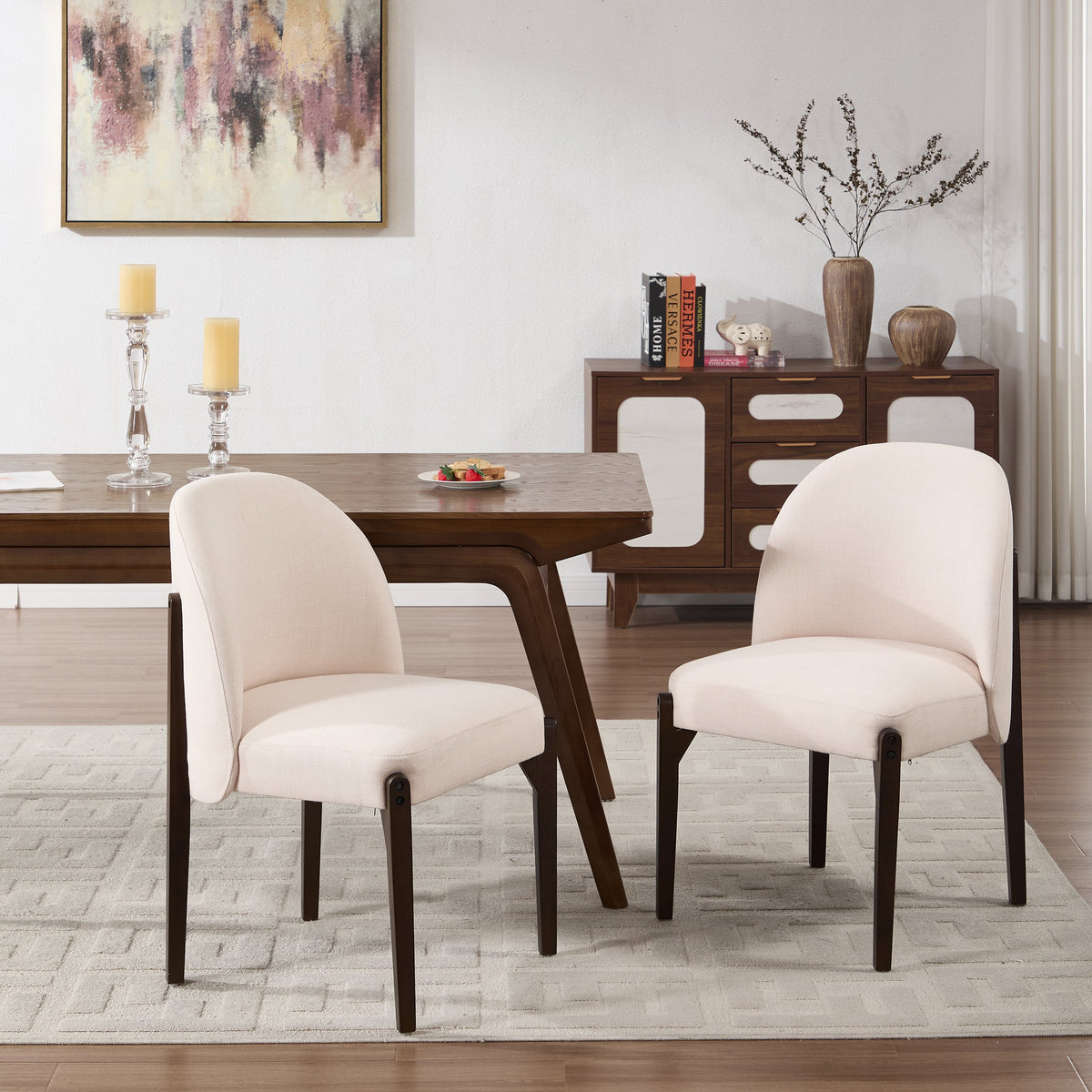 Wooden Dining Chairs Set of 2 with Fabric Upholstery - Beige