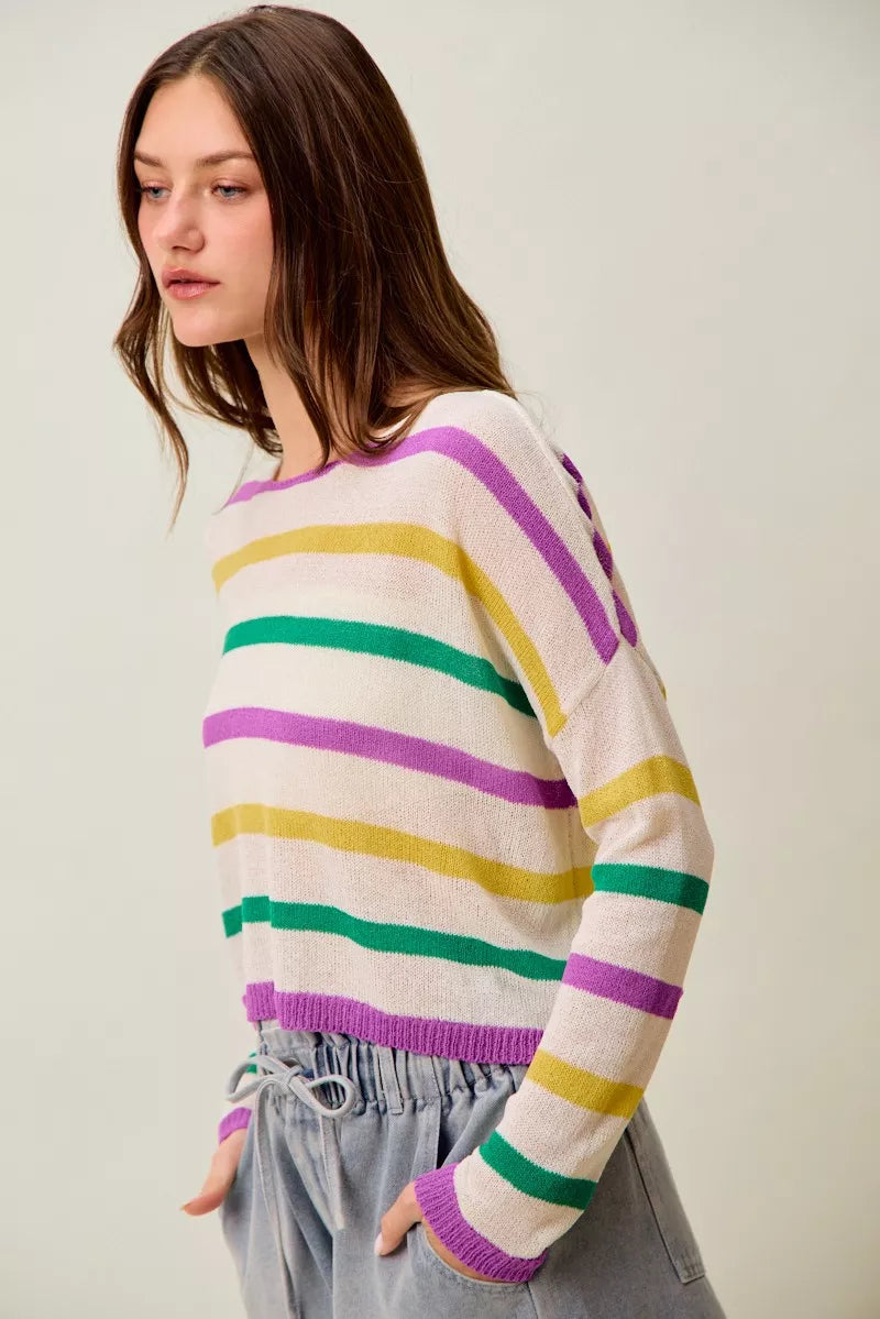 SO ME Mardi Gras Color Stripe Lightweight Sweater Top