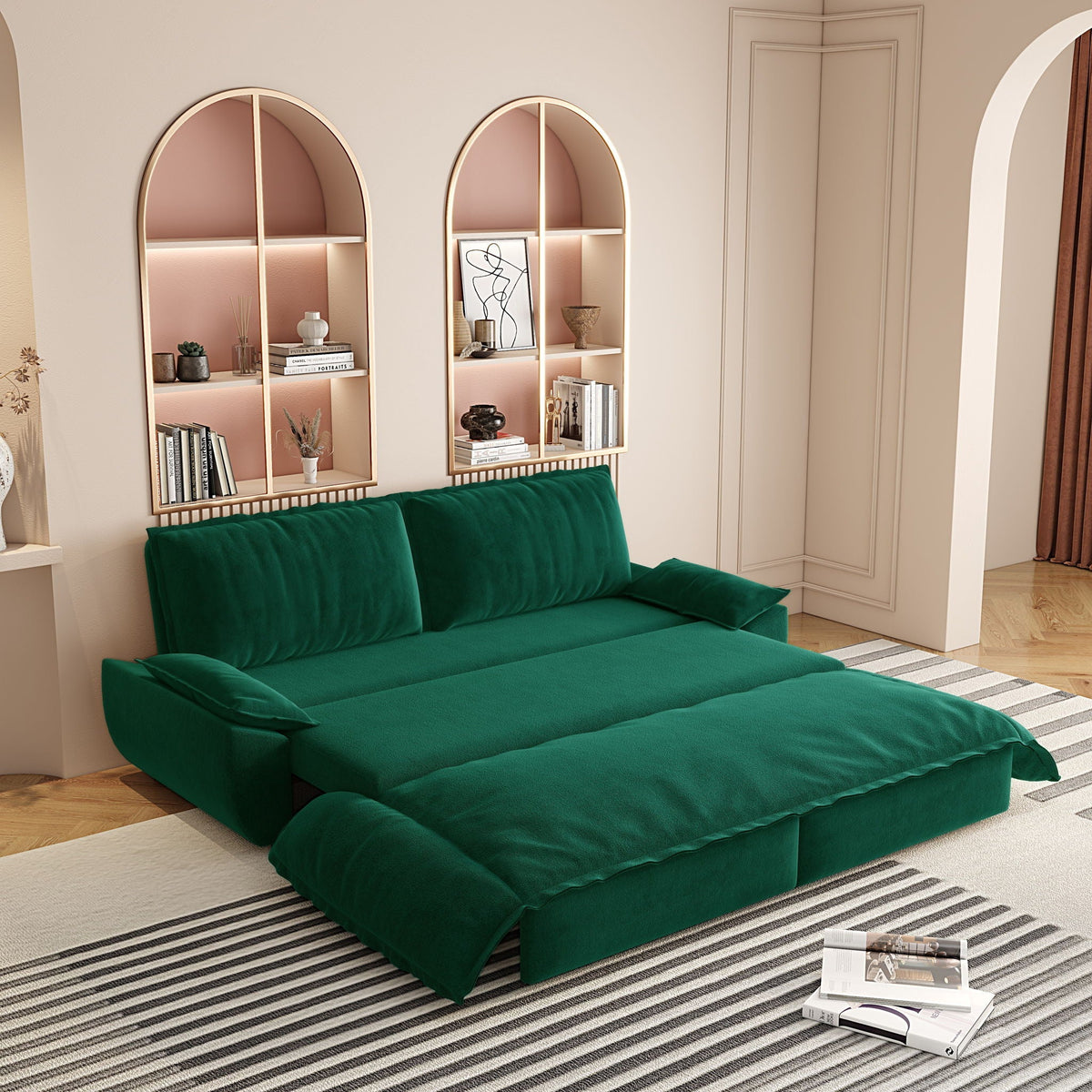 Queen Pull Out 3-in-1 Convertible Sleeper Sofa with Multi-Functionality - Dark Green