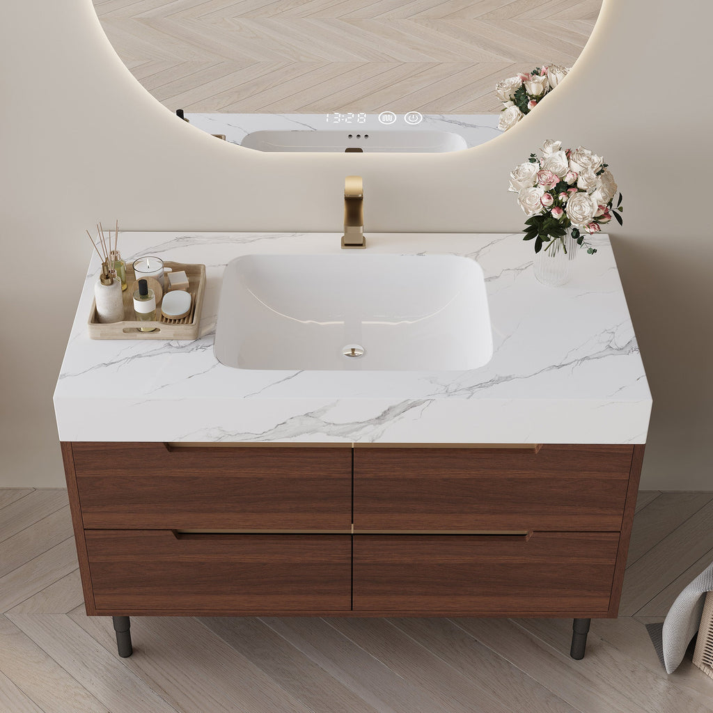 Farmhouse Sintered Stone Bathroom Vanity with Undermount Sink - Walnut, White