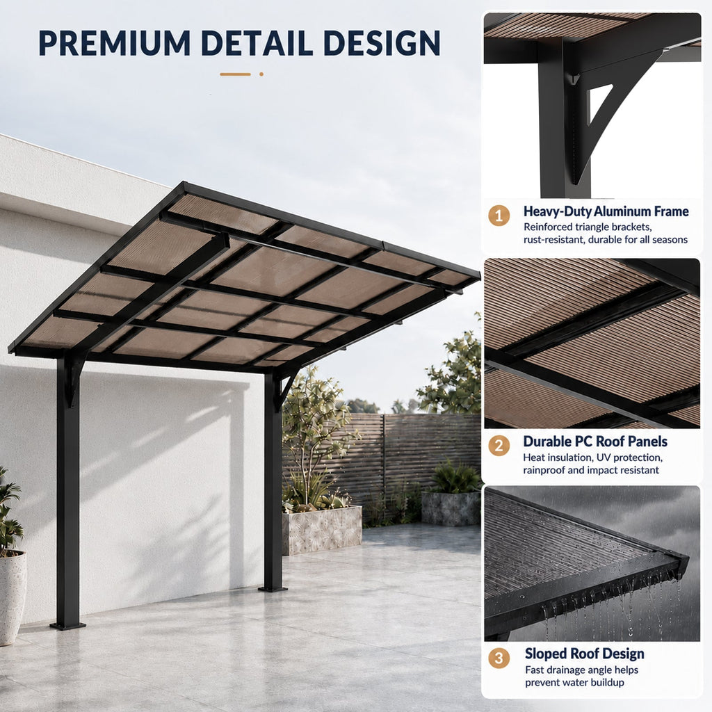 8x8FT Outdoor Carport with Galvanized Steel Frame and Sloped PC Roof - Black