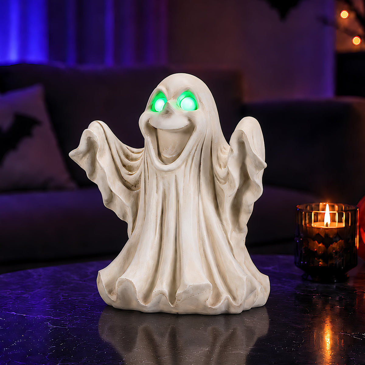 Halloween Ghost Figurine with LED Light Up Eyes - White
