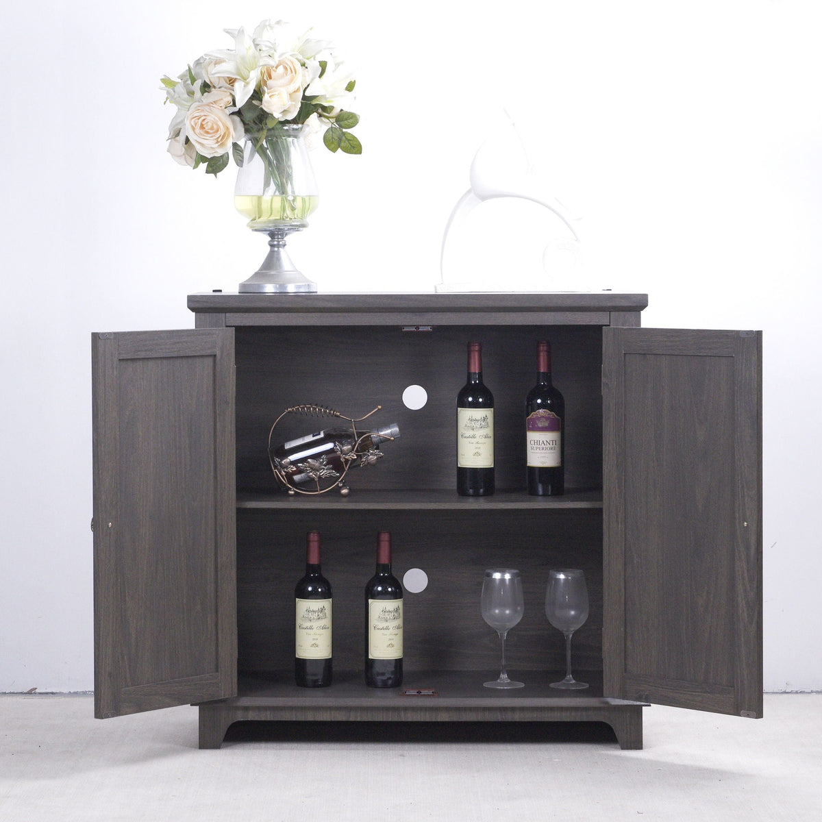 Elegant Sideboard With 2 Acrylic Mirrored Doors, Adjustable Shelf Storage