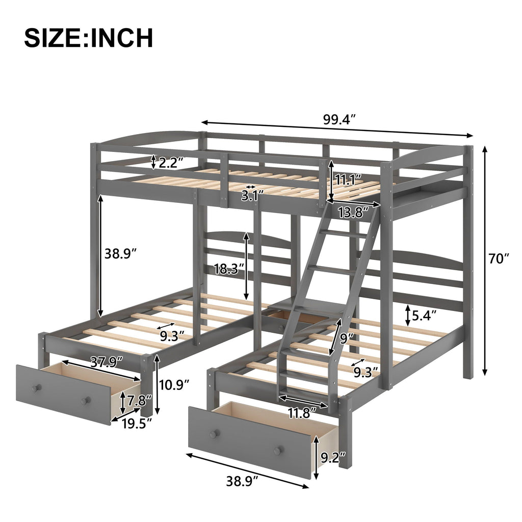 Full Over Twin & Twin Triple Bunk Bed with Drawers - Gray
