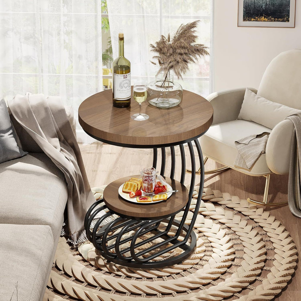Round Vintage End Table with 2 Tier Storage - Dark Brown, Light Brown, White