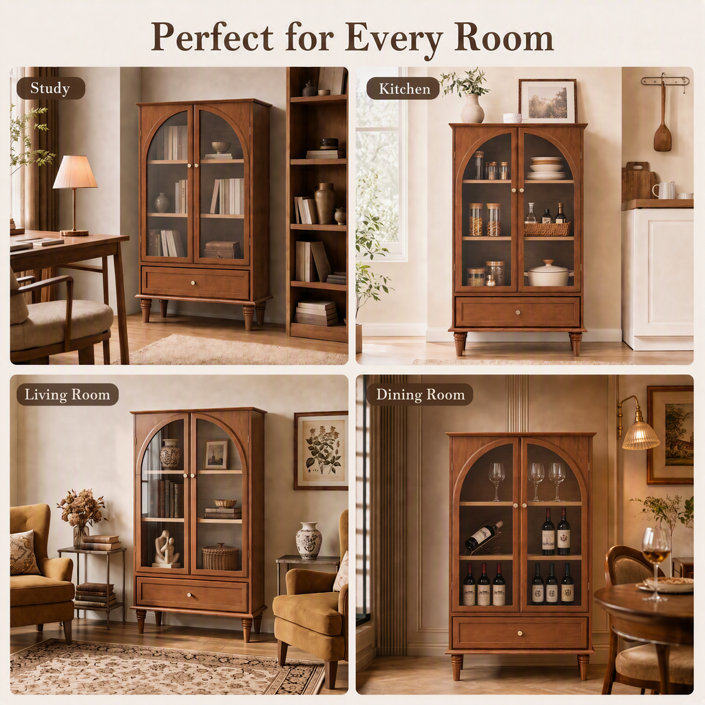 Vintage Farmhouse Arched Glass Accent Cabinet with Arched Glass Doors - Antique Glaze