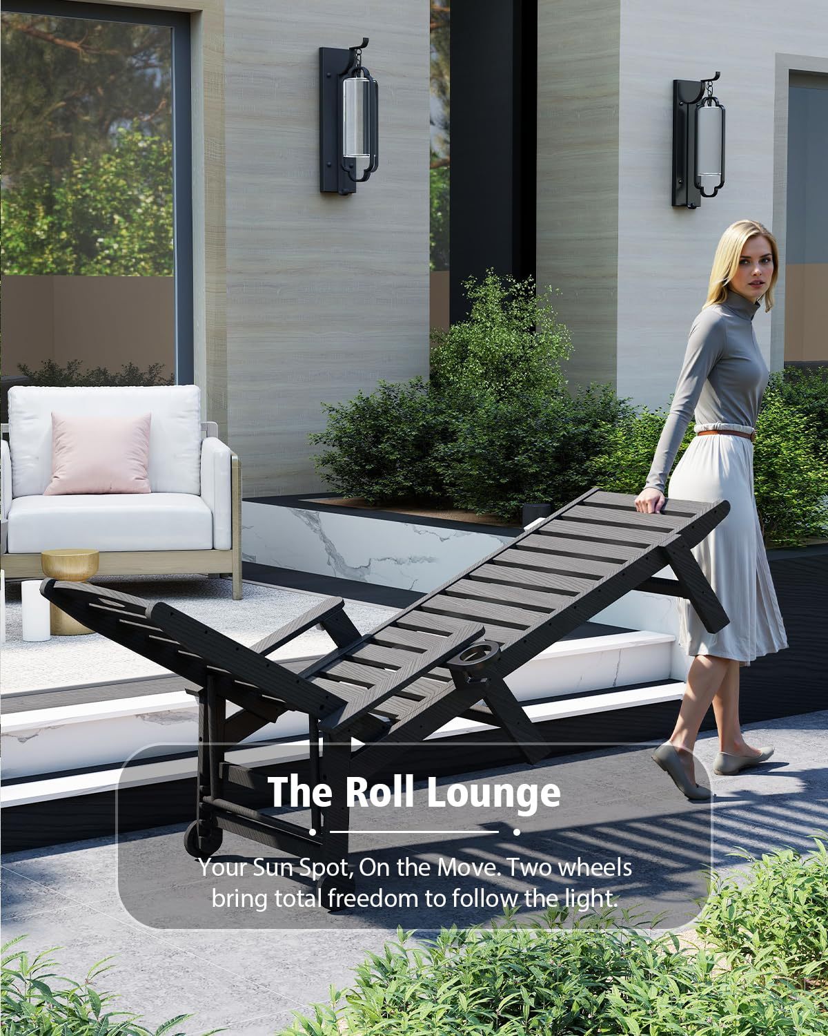 Outdoor Chaise Lounge with Reclining Backrest - Black