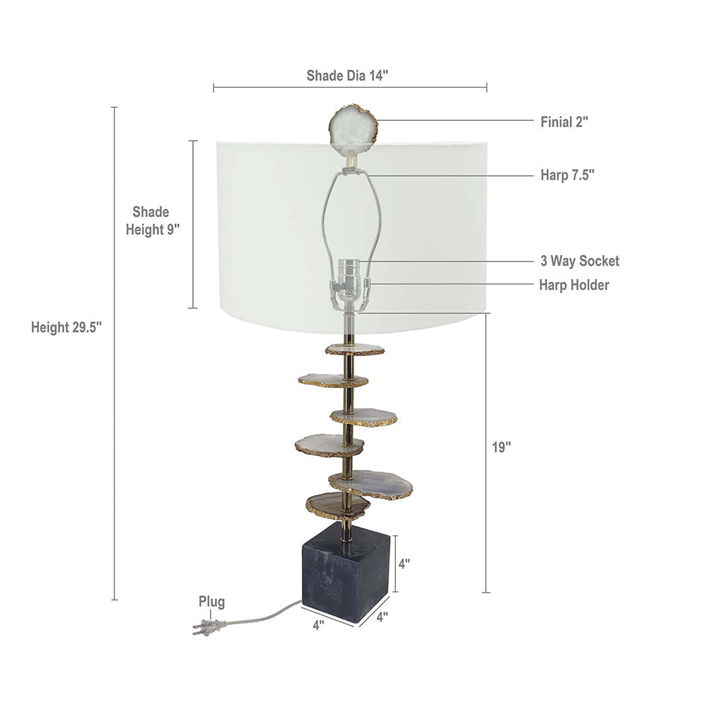 Smoke Agate-Slice Table Lamp with Marble Base - Genuine Agate