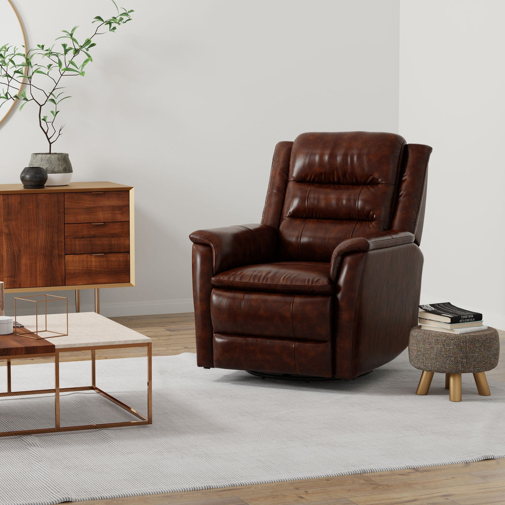 Leather Swivel Recliner Chair with Manual Adjustable Footrest - Dark Brown or Beige