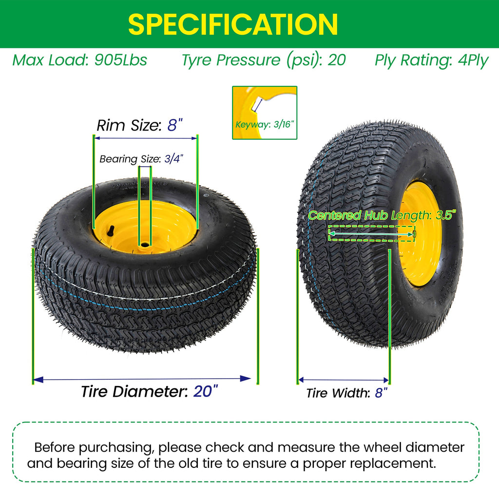 Heavy Duty Lawn Mower Tires and Wheel Assembly Set of 2 – 20x8.00-8