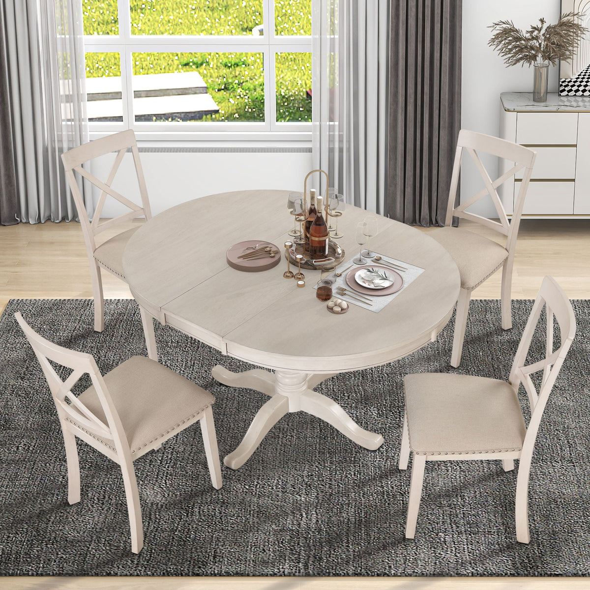 Modern Dining Table Set for 4 with Curved Back Chairs - Beige or Light Brown