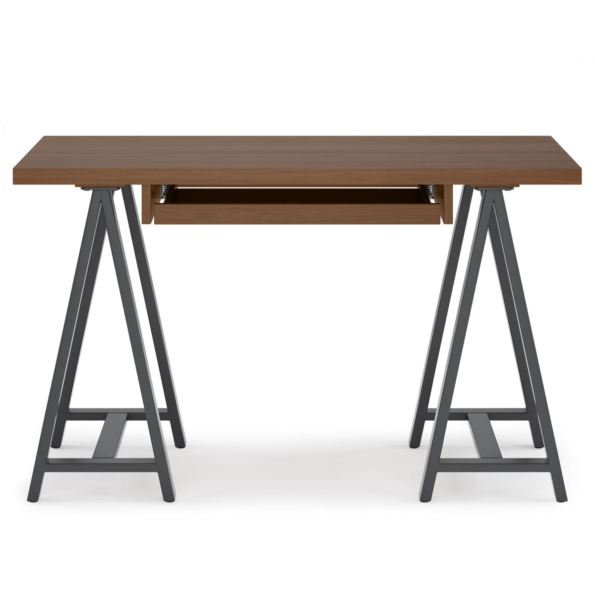 Handcrafted Solid Writing Desk with Sawhorse Metal Supports - Dark Brown