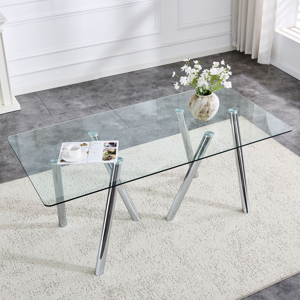 Dining Table with Transparent Tempered Glass Surface – Pearl Silver or Gold