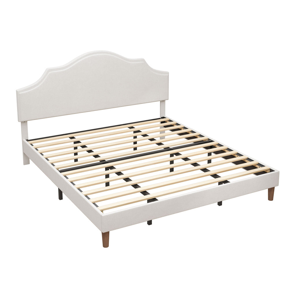 King Upholstered Platform Bed Frame with Adjustable Headboard - White