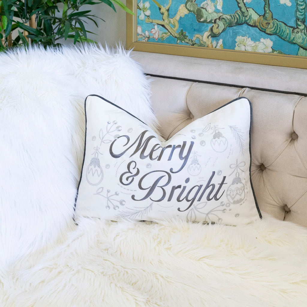Merry & Bright Christmas Throw Pillow with Silver Embroidery - White+Silver