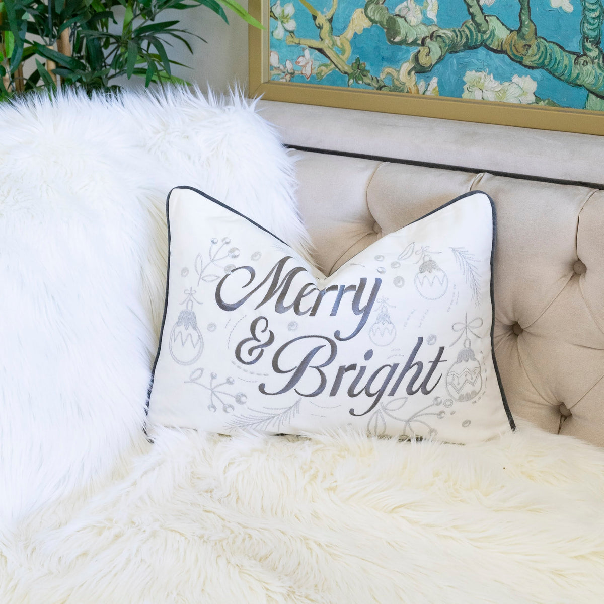 Merry & Bright Christmas Throw Pillow with Silver Embroidery - White+Silver