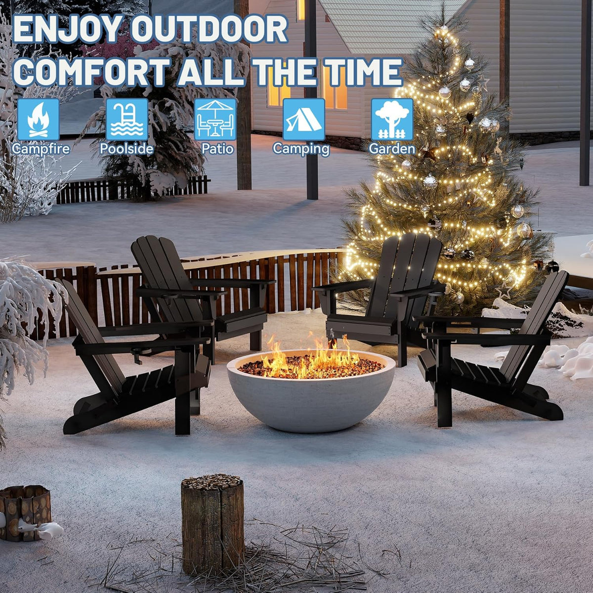 Black Folding Adirondack Chair with Cup Holder - HDPE Outdoor Patio Seating