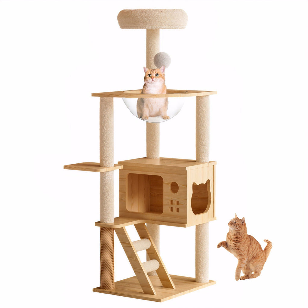 Modern Cat Tower with Sisal Scratching Posts and Top Perch - Natural / White
