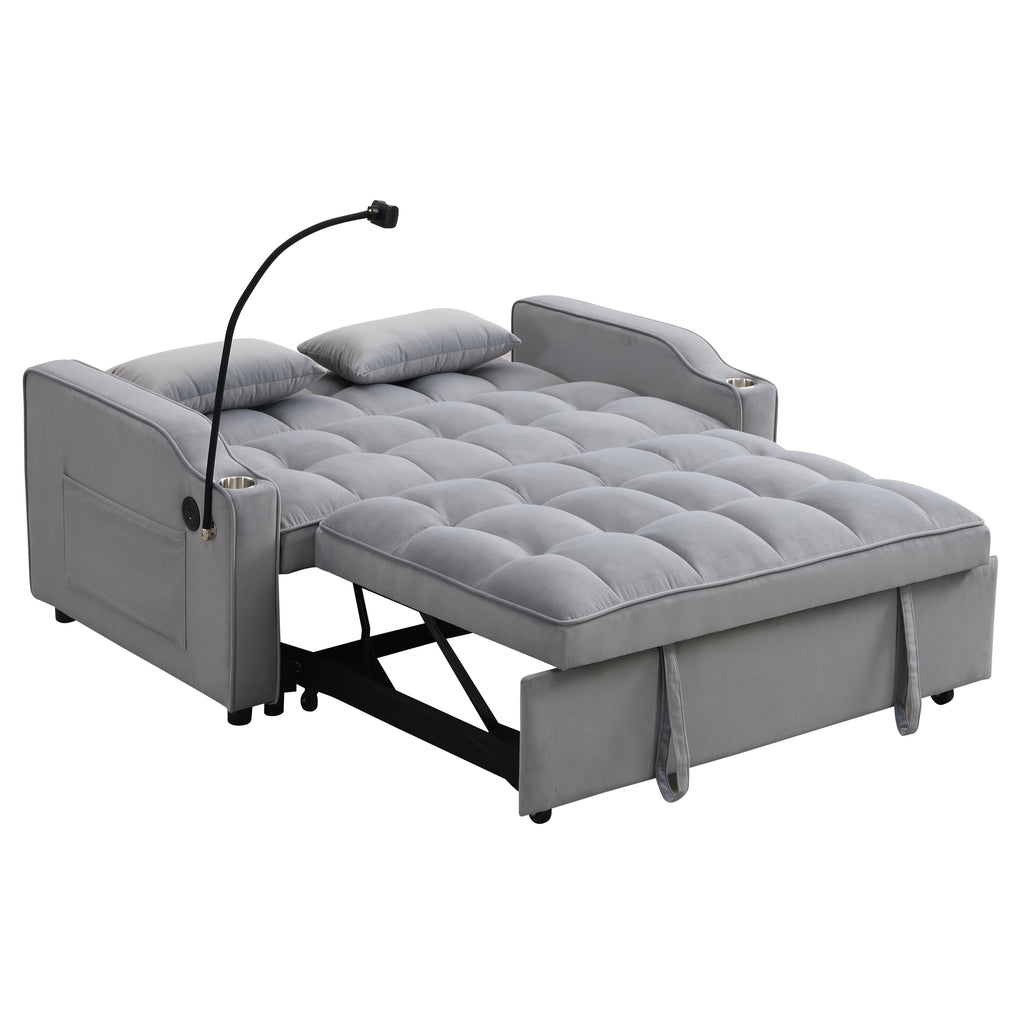 Modern Velvet Sleeper Loveseat with Pullout Bed and USB Ports - Light Gray