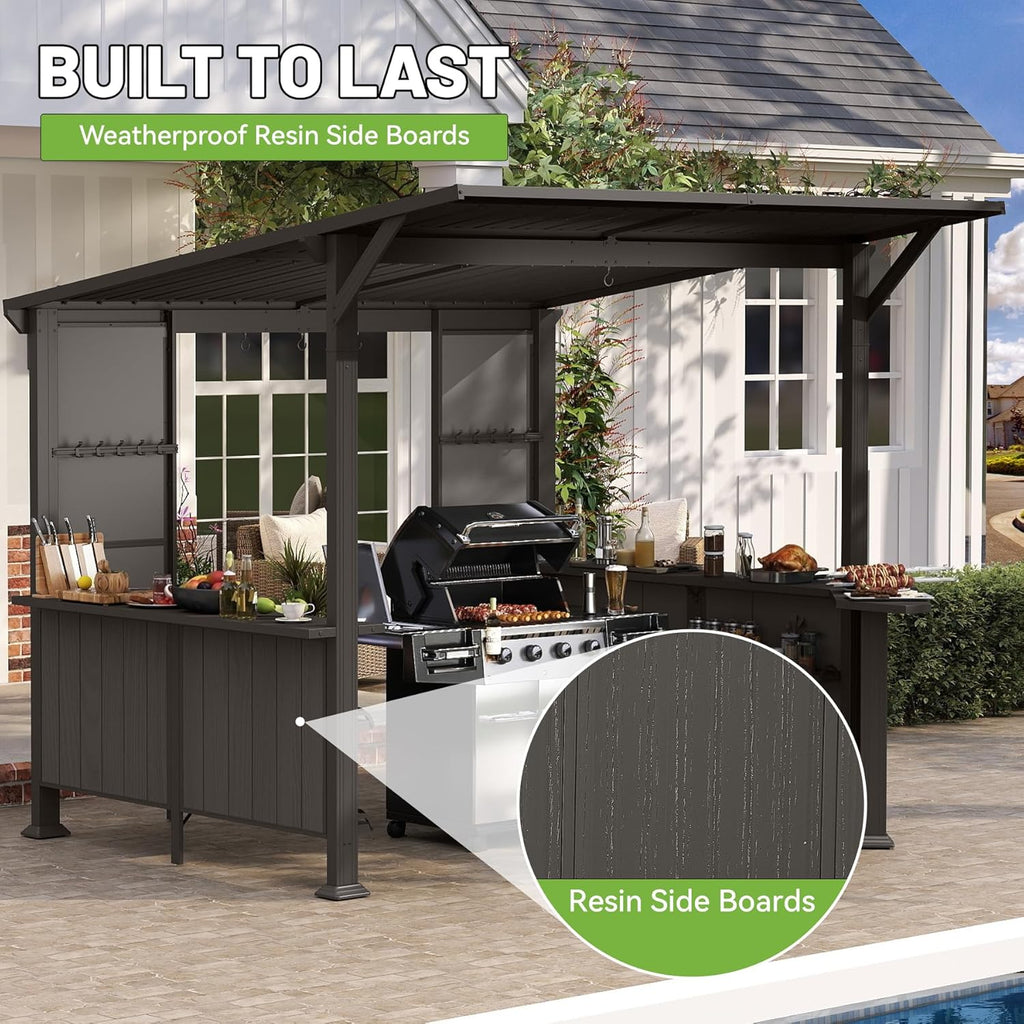 9x10FT Hardtop Grill Gazebo with Storage Shelves - Brown Steel
