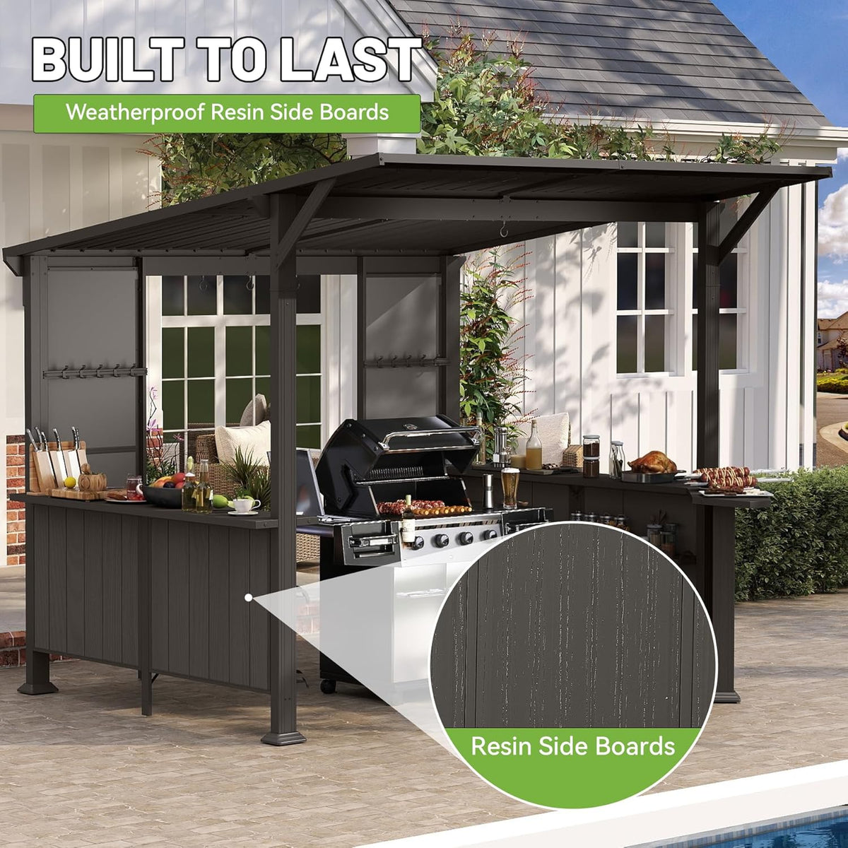 9x10FT Hardtop Grill Gazebo with Storage Shelves - Brown Steel