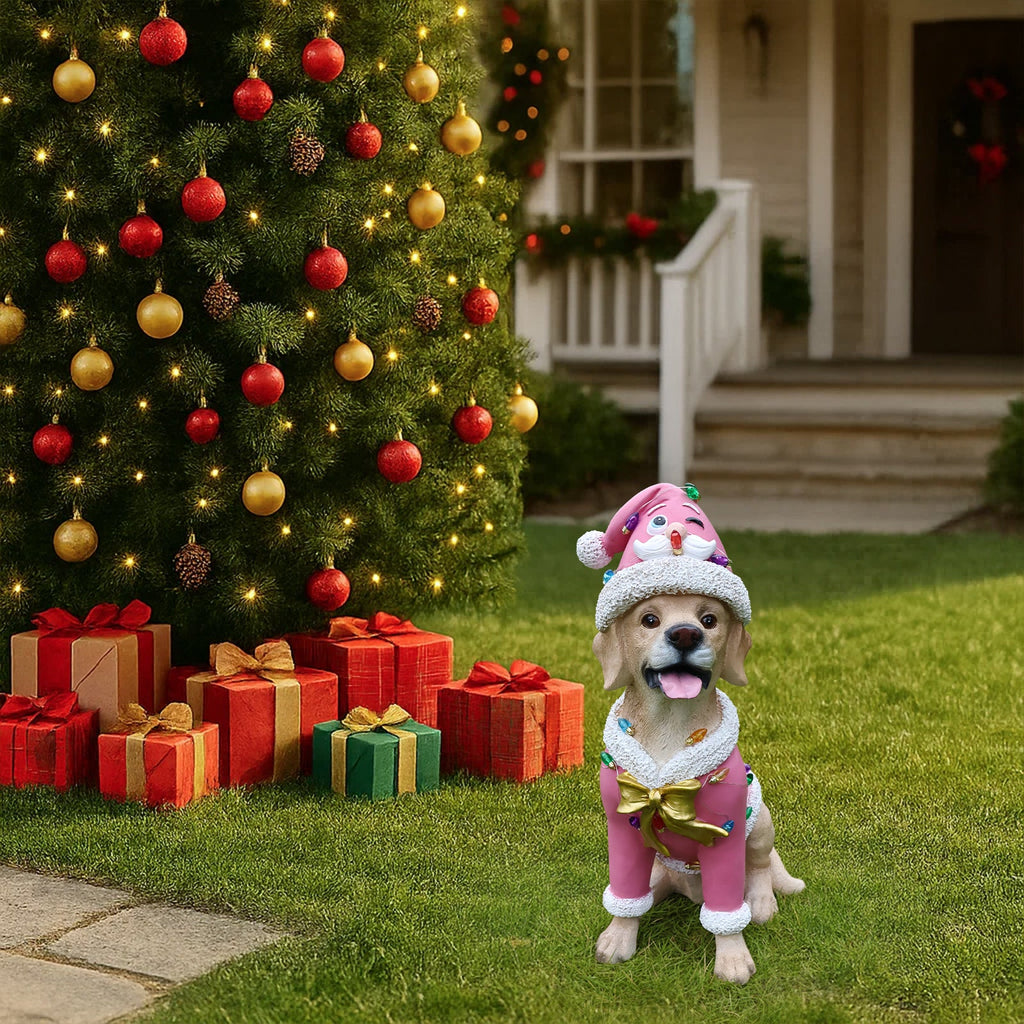 Christmas Labrador Retriever Statue with Santa Outfit - Multicolor
