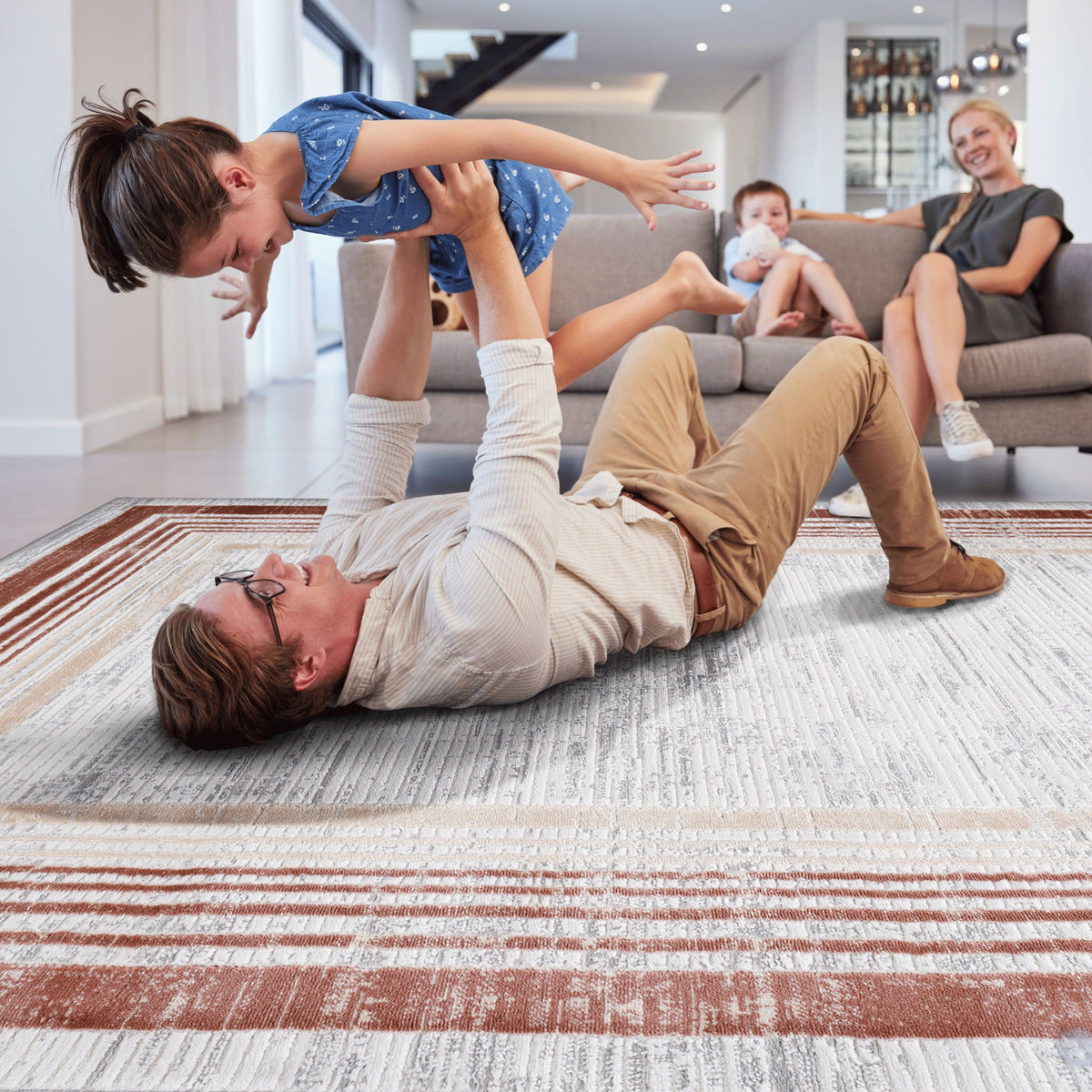 Bordered Area Rug with Stain Resistance - Blue or Light Brown