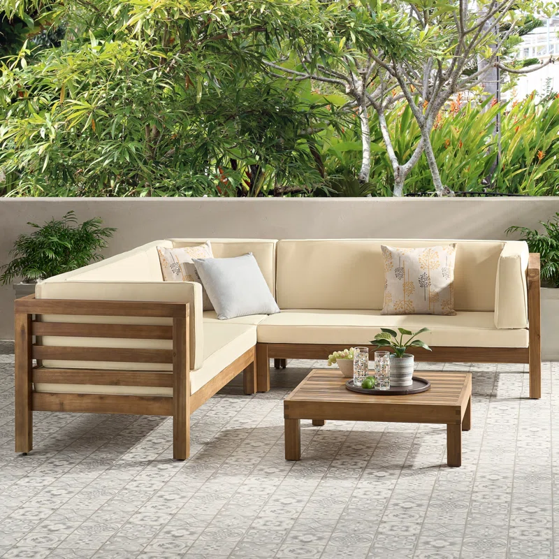Outdoor Wooden Sectional Set with Cushions - Beige