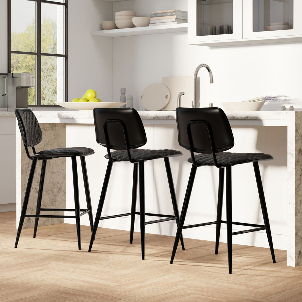Upholstered Counter Height Stool Set with Quilted Seat – Black or Dark Gray
