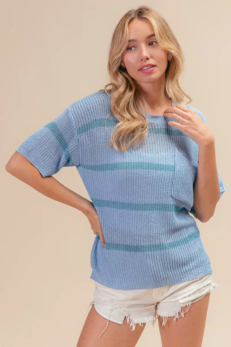 BiBi Patch Pocket Striped Lightweight Sweater Top