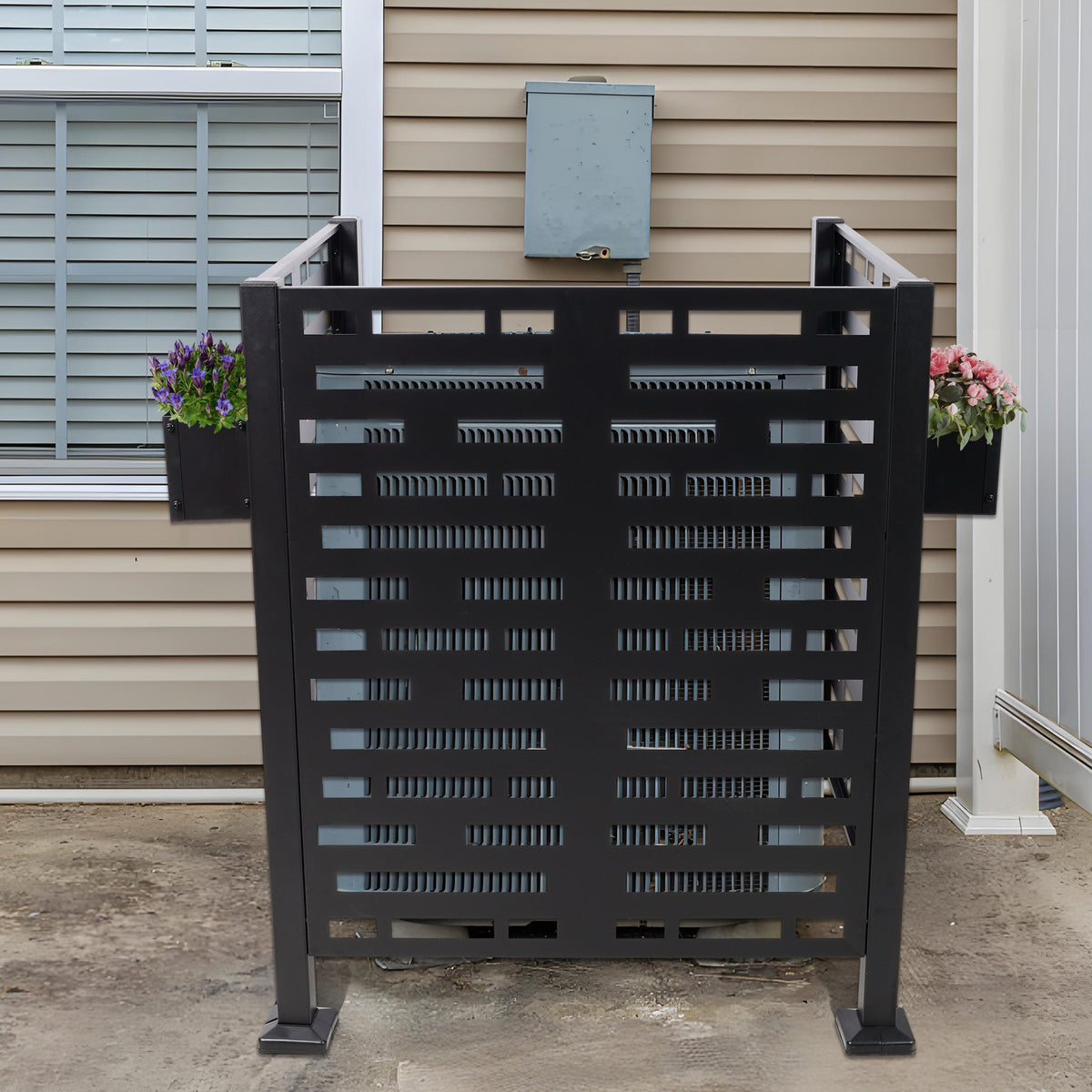 3x3 Ft Metal Air Conditioner Privacy Fence with Planter Boxes - Black