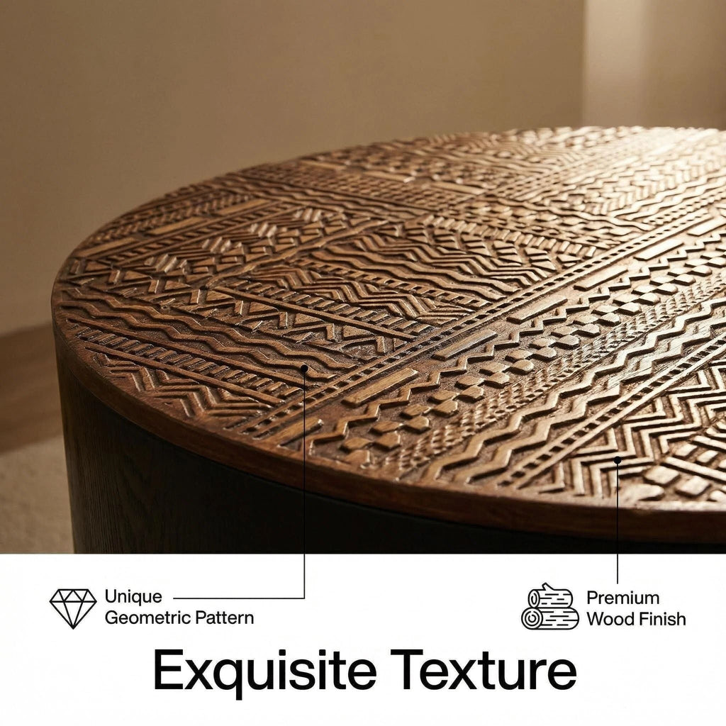 Round Coffee Table with Storage Function - Carved Wood Top - Dark Brown or Black