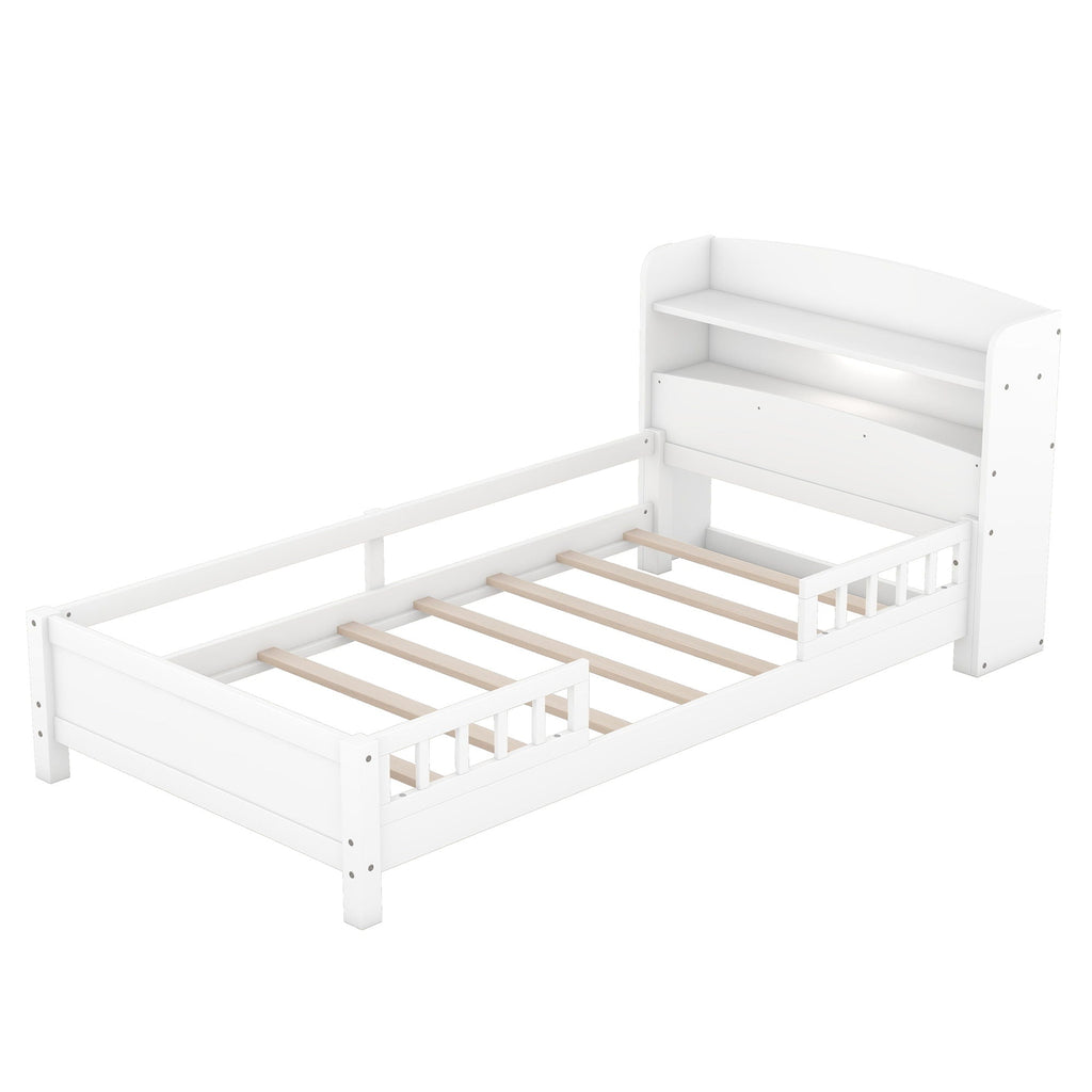 Wood Platform Bed With Built In LED Light, Storage Headboard And Guardrail