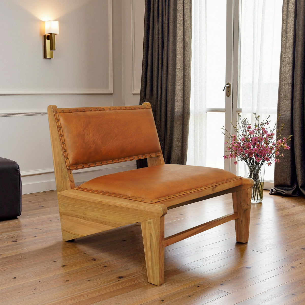 Solid Wood Accent Chair with Leather Upholstery - Living Room
