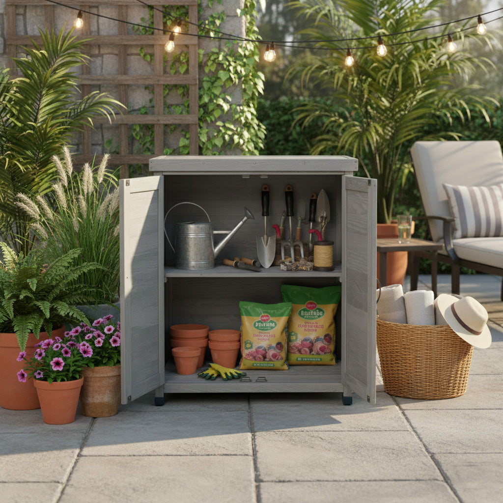 Potting Bench with Metal Top and Storage Cabinet - Solid Wood