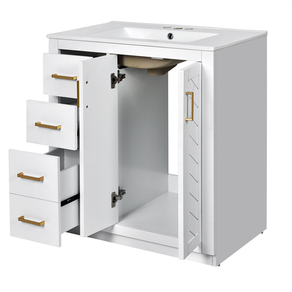 Ceramic Sink Vanity Combo with 3 Drawers and Soft Closing Doors - 30"