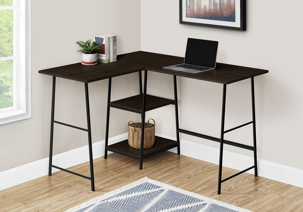 L-Shape Corner Computer Desk with Storage Shelves - Modern Wood & Metal - Light Brown, Gray, Dark Brown