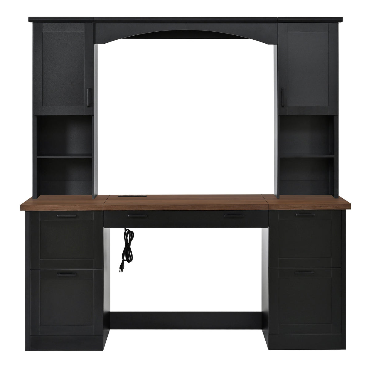 Farmhouse Arched Computer Desk with Hutch - MDF, Walnut & Black
